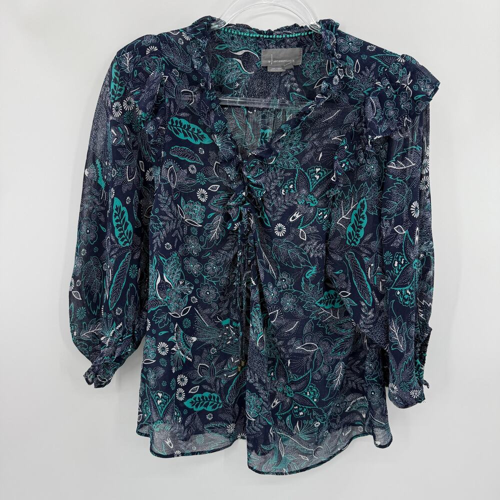BY ANTHROPOLOGIE Womens Sheer Chiffon Blouse Top Size S Ruffle Boho Layer Shirt
